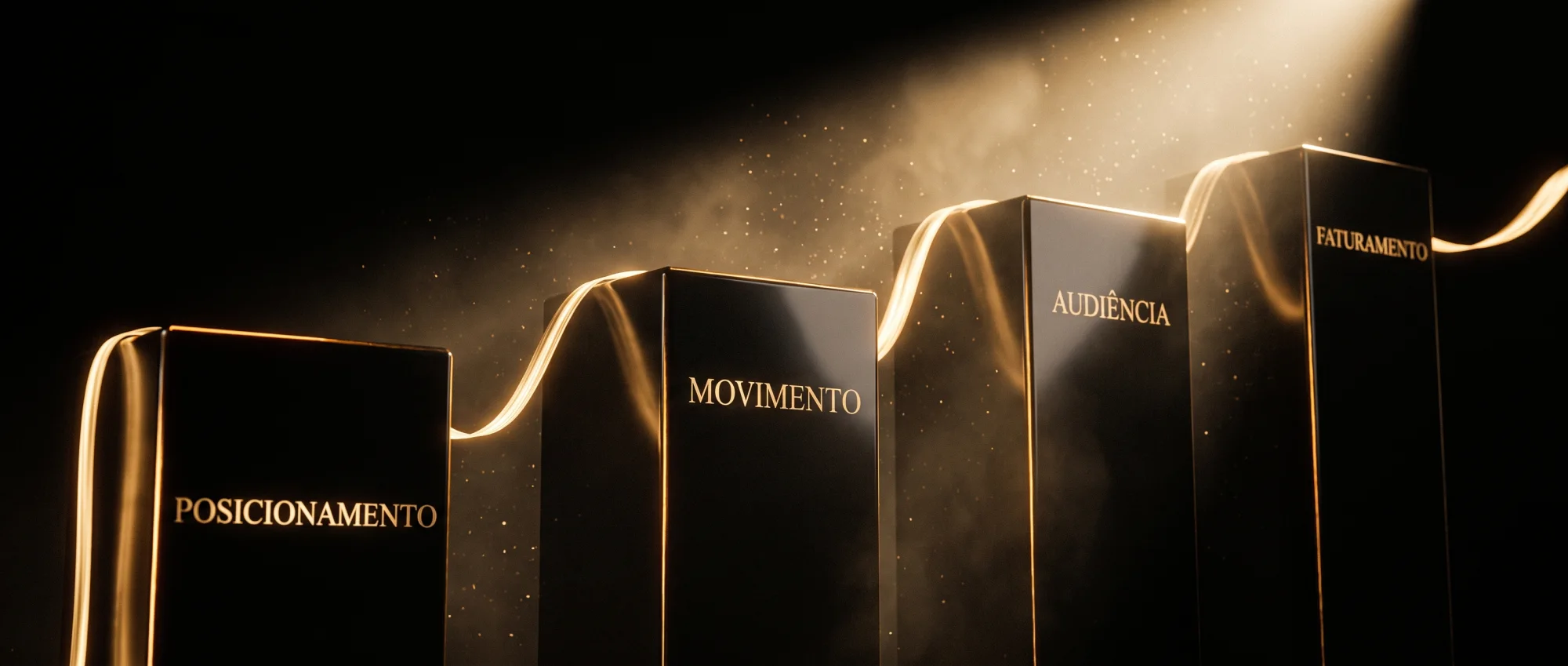 Posicionamento, Movimento, Audiência e Faturamento gravados em quatro monólitos de altura crescente, ligados por uma linha de luz contínua